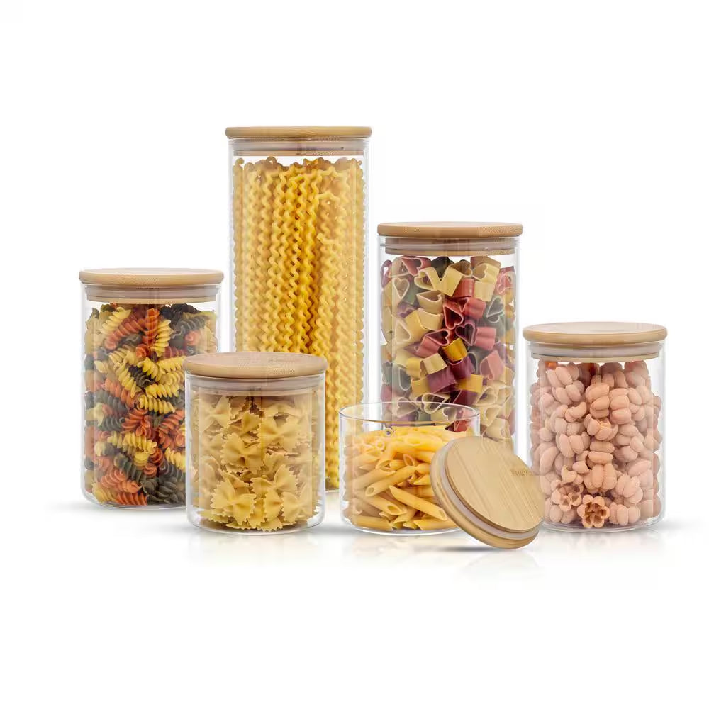 Joyful 6-Piece Kitchen Storage Jars with Airtight Bamboo Clamp Lids